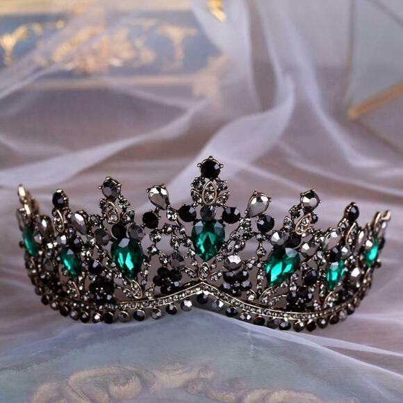 Green Black Rhinestone Bronze Tone Metal Tiara Crown Elegant Bridal Prom NEW - Picture 5 of 10